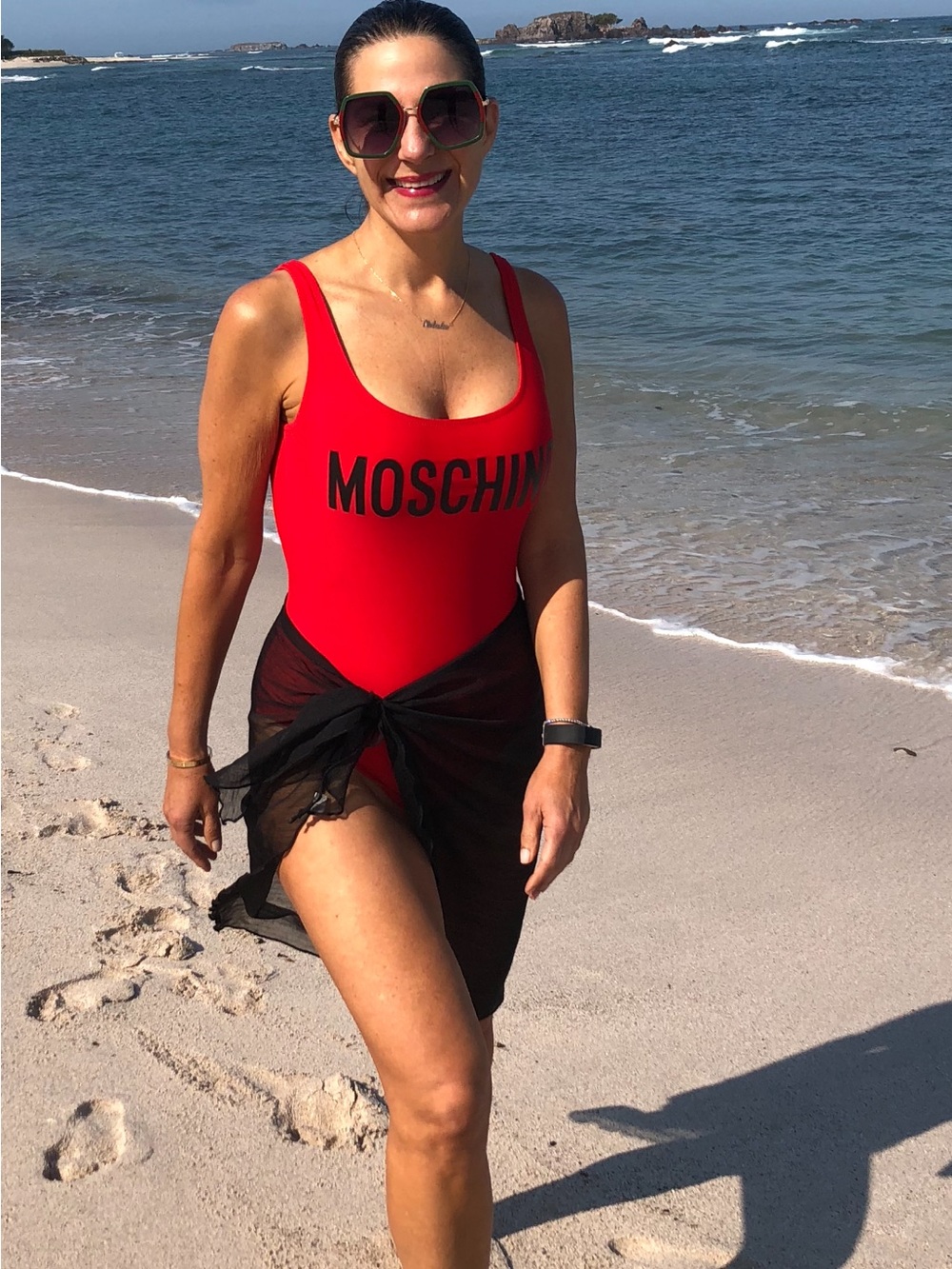 Moschino Red One-Piece Logo Swimsuit with Black Lettering